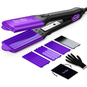 Terviiix Crimper Hair Iron with 4 Interchangeable Plates, Keratin & Argan Oil Infused Hair Crimper for Women, Volumizing Crimping Iron for Thin Fine Hair, 5 Heat Settings & 60 Mins Auto Off, Purple
