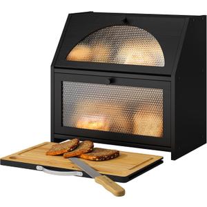 Bamboo Bread Box with Cutting Board, Double Layer Extra Large Bread Storage Bin with Door Panel for Kitchen Counter (Black)