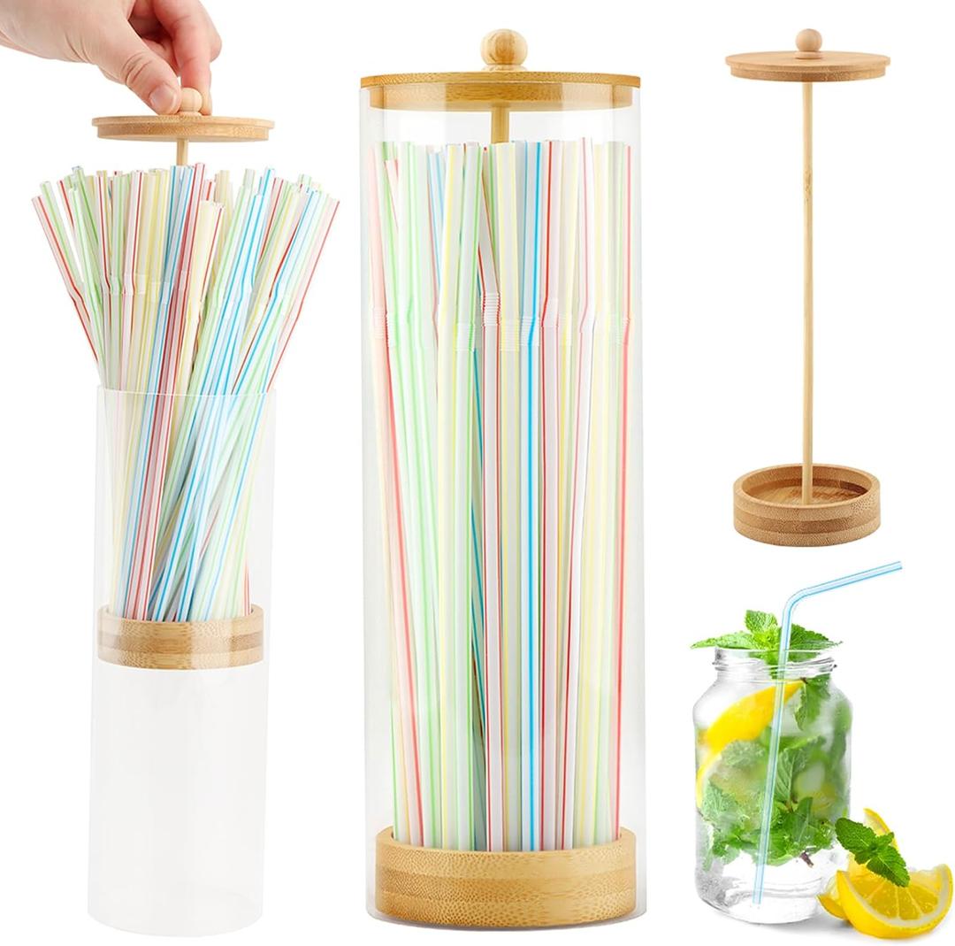 Straws Holder Dispenser with Bamboo Lid, 10 Inch Acrylic Drinking Straw Dispenser Includes 100 Colorful Straws Transparent Straw Storage Container for Kitchen,Pencils and Cutlery