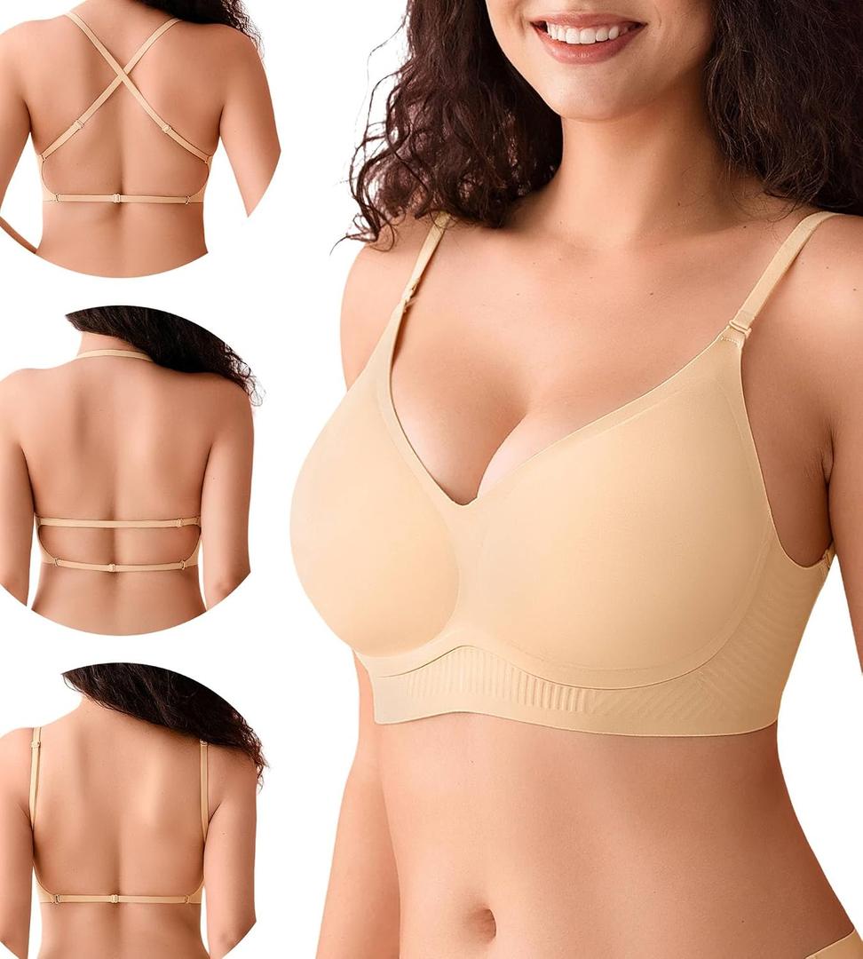 DEANGELMON Seamless Low Back Bra Wireless Backless Bra Womens Thin Straps Halter Bra Low Cut V Neck Multiway Convertible Bras (L)