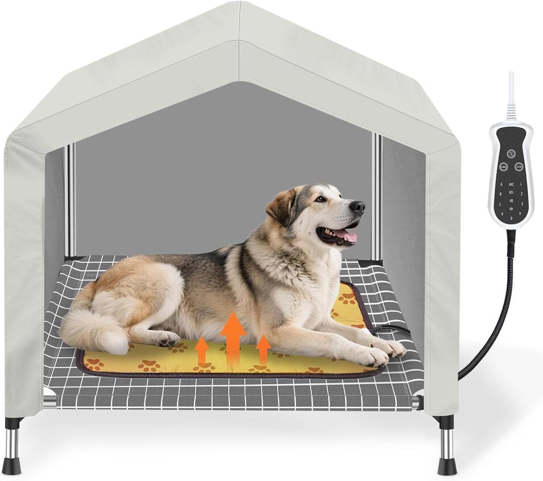 Heated Elevated Dog House for Medium Dogs - with 9-Level Adjustable Heating Pad, Timer Function, Raised Off-Ground Design for Ventilation & Anti-Moisture, Keep Pets Warm in Winter Cold (Grey)