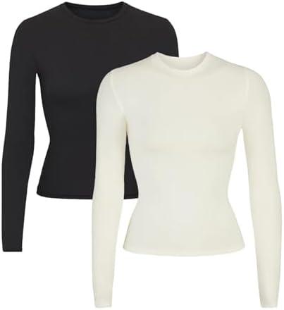 OIERD 2Piece Long Sleeve Shirts for Women Scoop Neck Long Sleeve Tops for Woman Fitted Basic Long Sleeve T Shirt Women Trendy Large