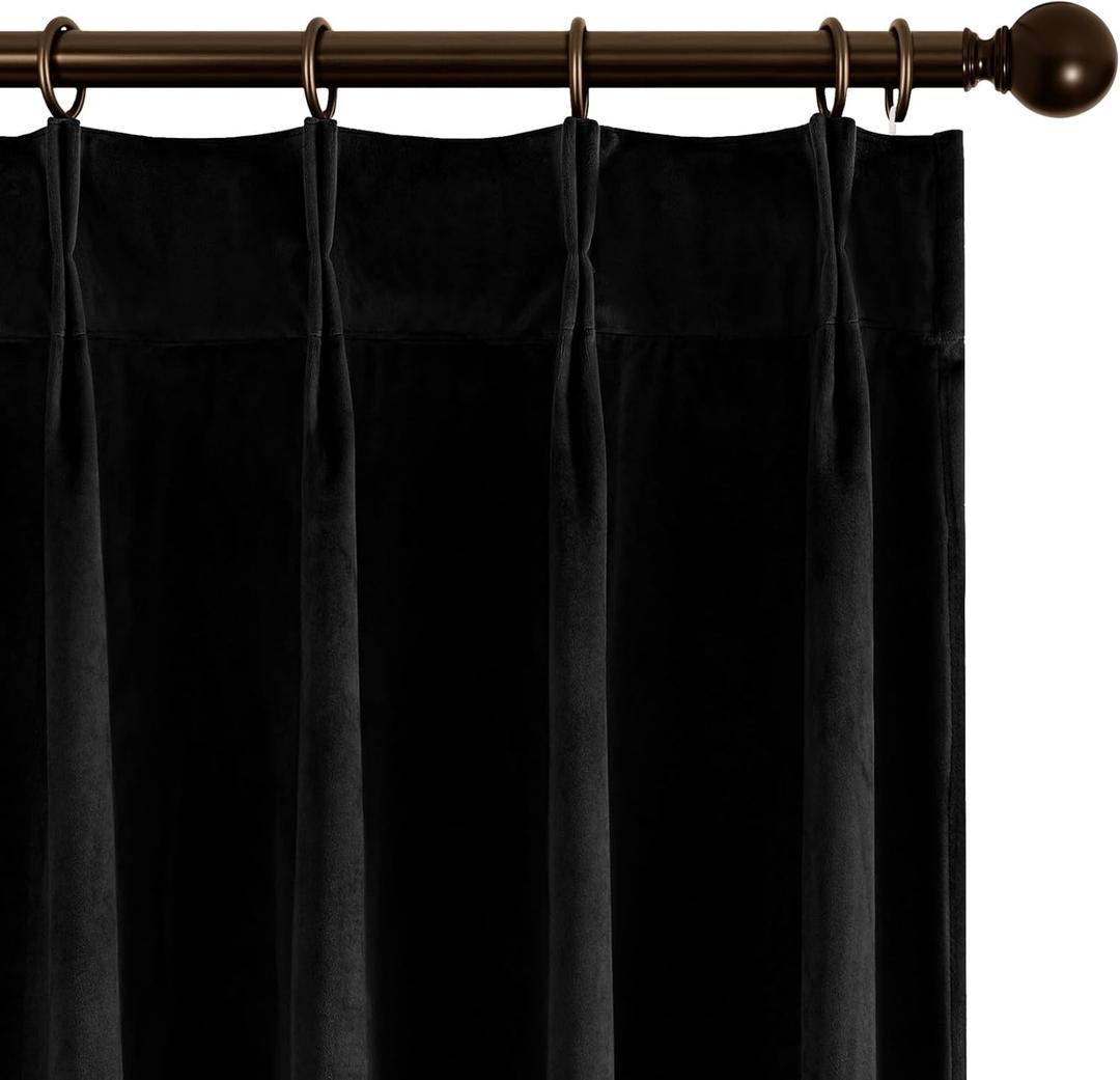 Joydeco Pinch Pleated Velvet Curtains 96 Inch Long 2 Panel Set for Living Room Bedroom, Back Tab Blackout Drapes with Adjustable Hooks (40W x96L,Black)
