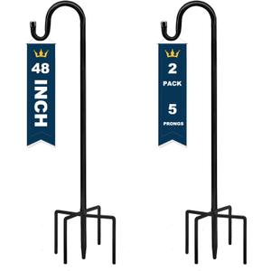 TIEBOLA Shepherd Hooks 2 Pack - 48 Inches High 1/2 Inch Thick Adjustable Rust Resistant Shepards Hooks with 5 Prong Base for Hanger Holder, Wedding Decor, Lanterns, Flower Basket, Bird Feeder.