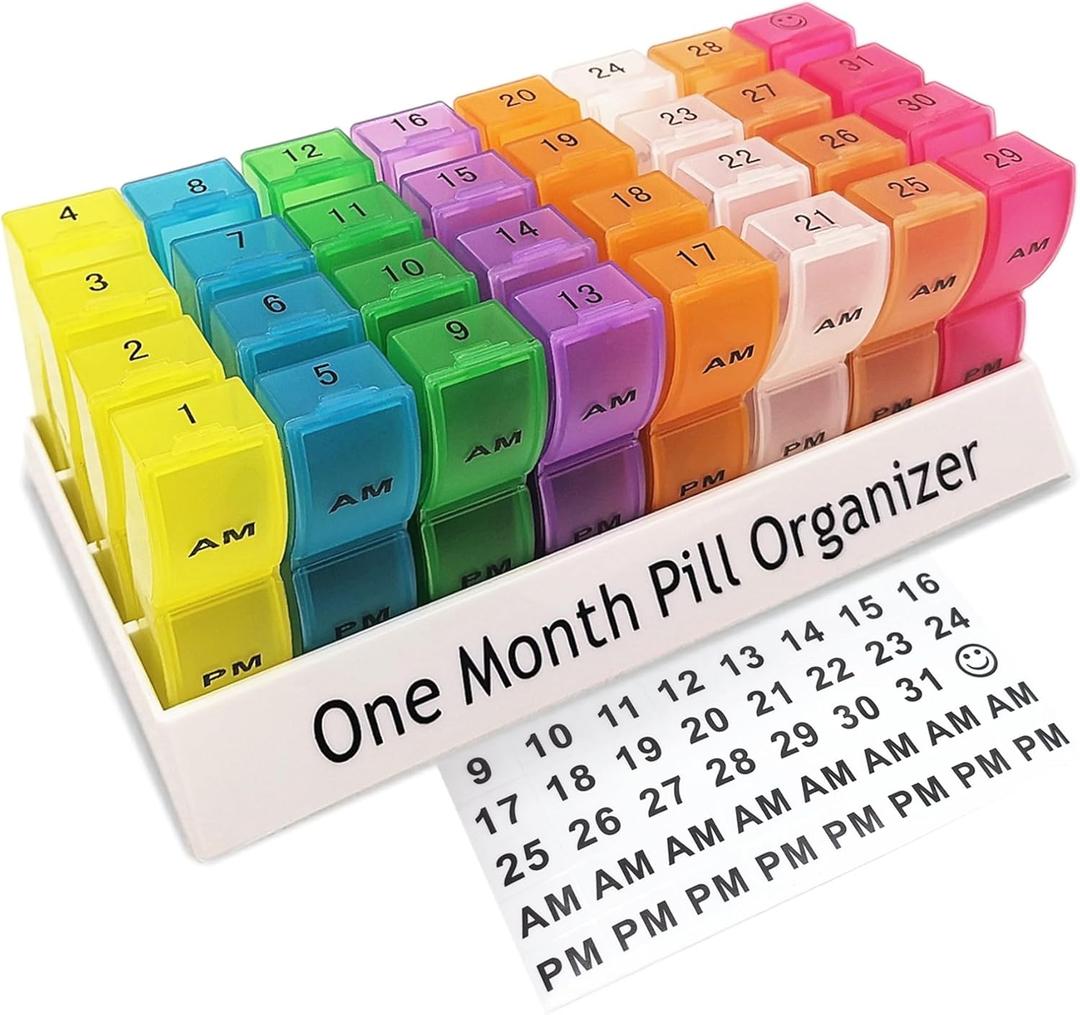 Monthly Pill Organizer 2 Times a Day, 30 Day One Month Pill Box AM/PM, Weekly Pill Holder Pill Case for Vitamins, Fish Oil, Supplements & Medication (Fully Transparent Multi-colored)