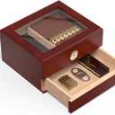 Cigar Humidor Case with Mechanical Hygrometer, Cigar Humidor Glass Top Cigar Case Humidifiers, Humidor Box Cigar Cases for Men Cigar Desktop Humidors Cigars hold 25-50 Counts, Red