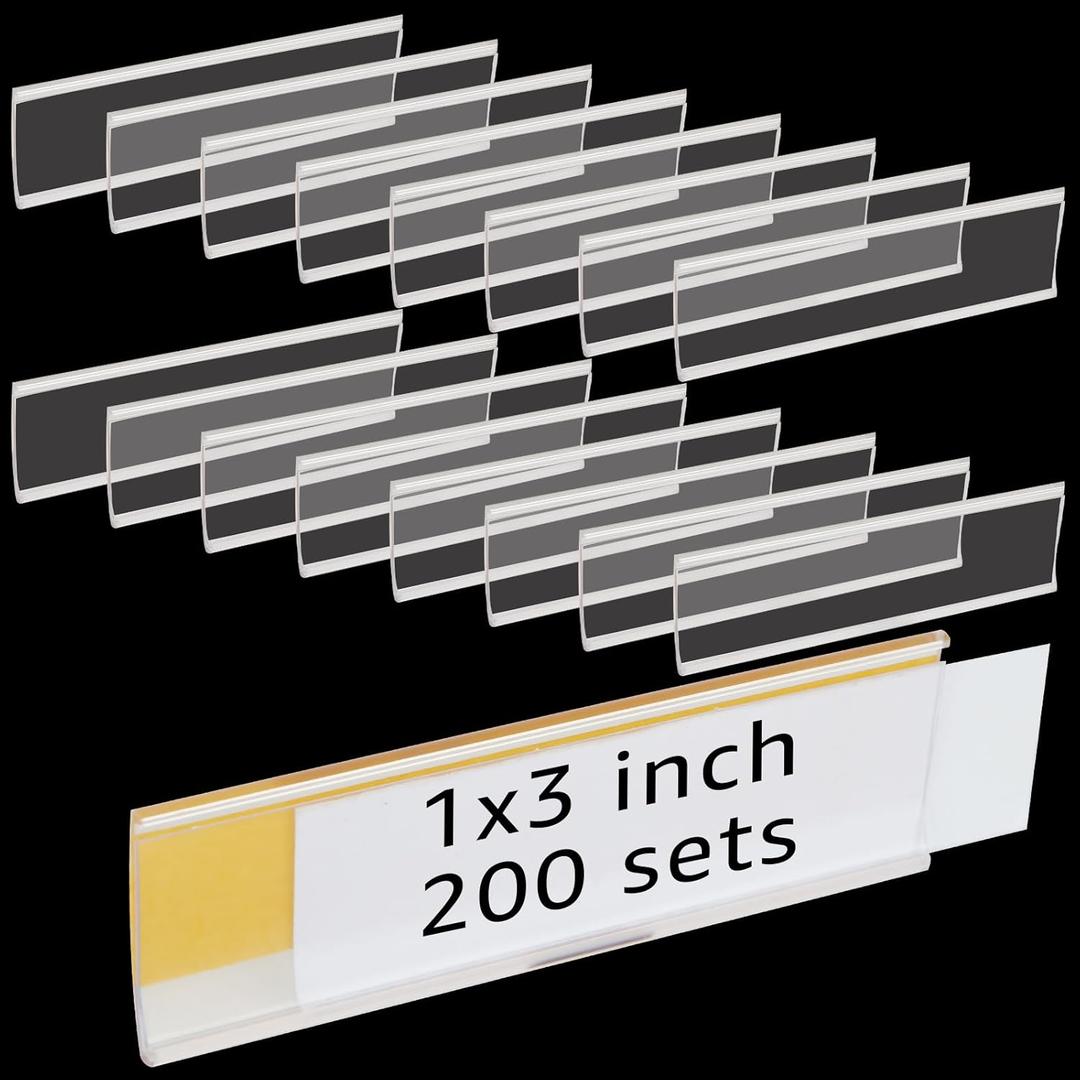 200 Pcs 3 x 1 Inch Self Adhesive Label Holders with Paper Label Inserts, Clear Shelf Tag Label Holders Adhesive Shelf Labels for Supermarket Bookshelf Mailbox Storage Bins