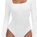 IUGA Long Sleeve Bodysuits for Women Square Neck Bodysuit Shapewear Bodysuit Tummy Control Slimming Body Suit for Women's, White, Medium