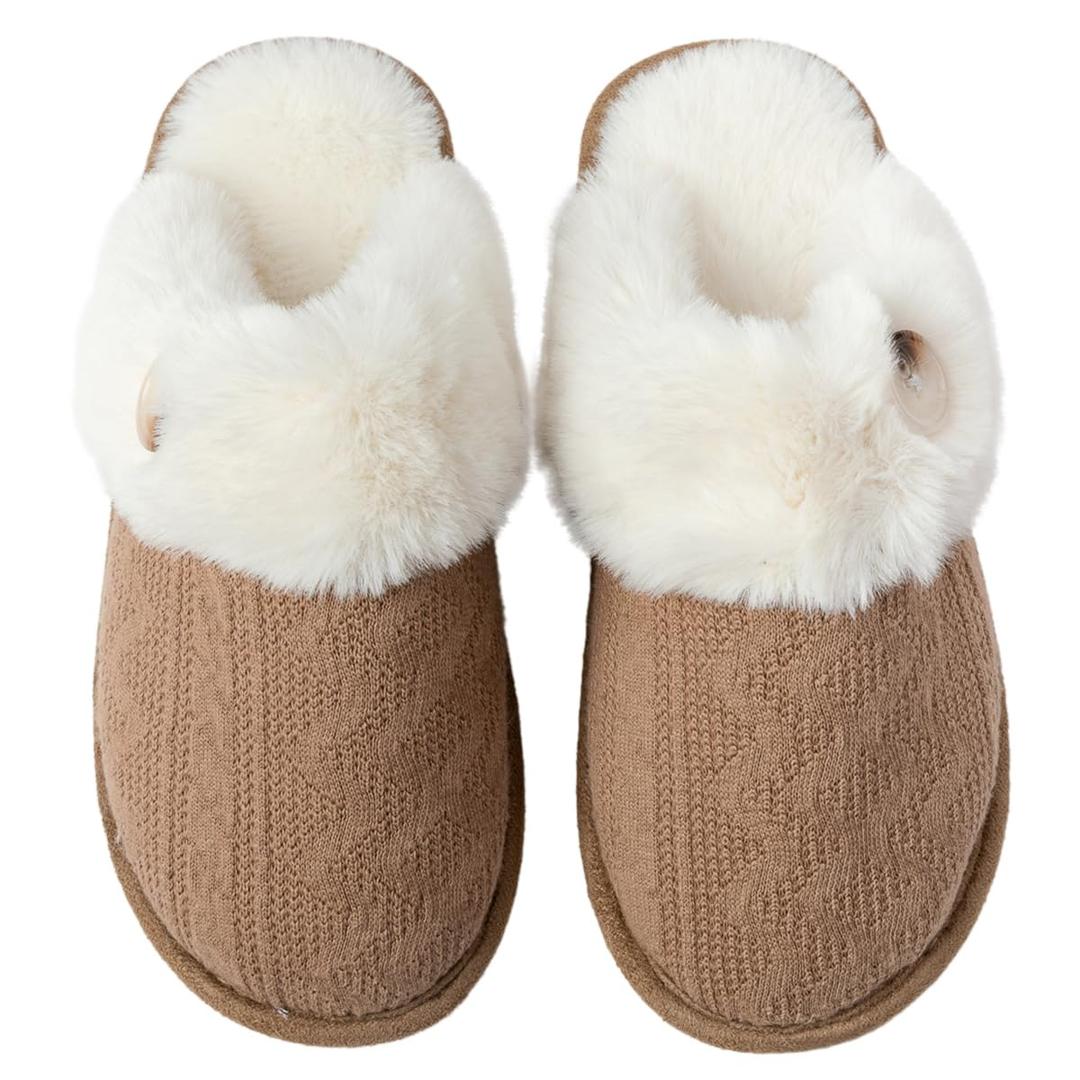Enteer Women's Slippers Memory Foam Slippers Scuff Outdoor Indoor Warm Plush Bedroom Button Shoes with Faux Fur Lining Brown US 7-8