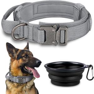 Dog Collar, Tactical Dog Collar, Adjustable Military Training Nylon Dog Collar with Control Handle and Heavy Metal Buckle for Medium and Large Dogs (05-Grey)