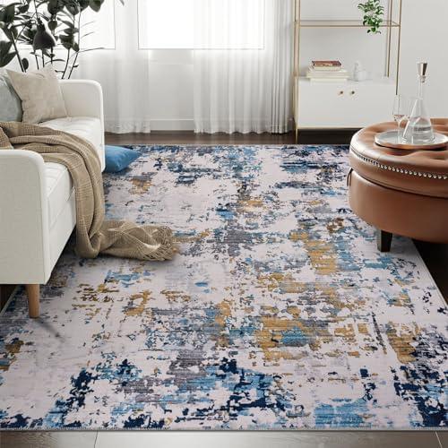 Katina Modern Area Rug, 3'6''×5'6'' Washable Abstract Rug, Non-Slip Pastel Accent Rug, Non-Shedding Aesthetic Colorful Rug with Low Pile for Living Room, Bedroom, Dining, Office, Navy/Yellow
