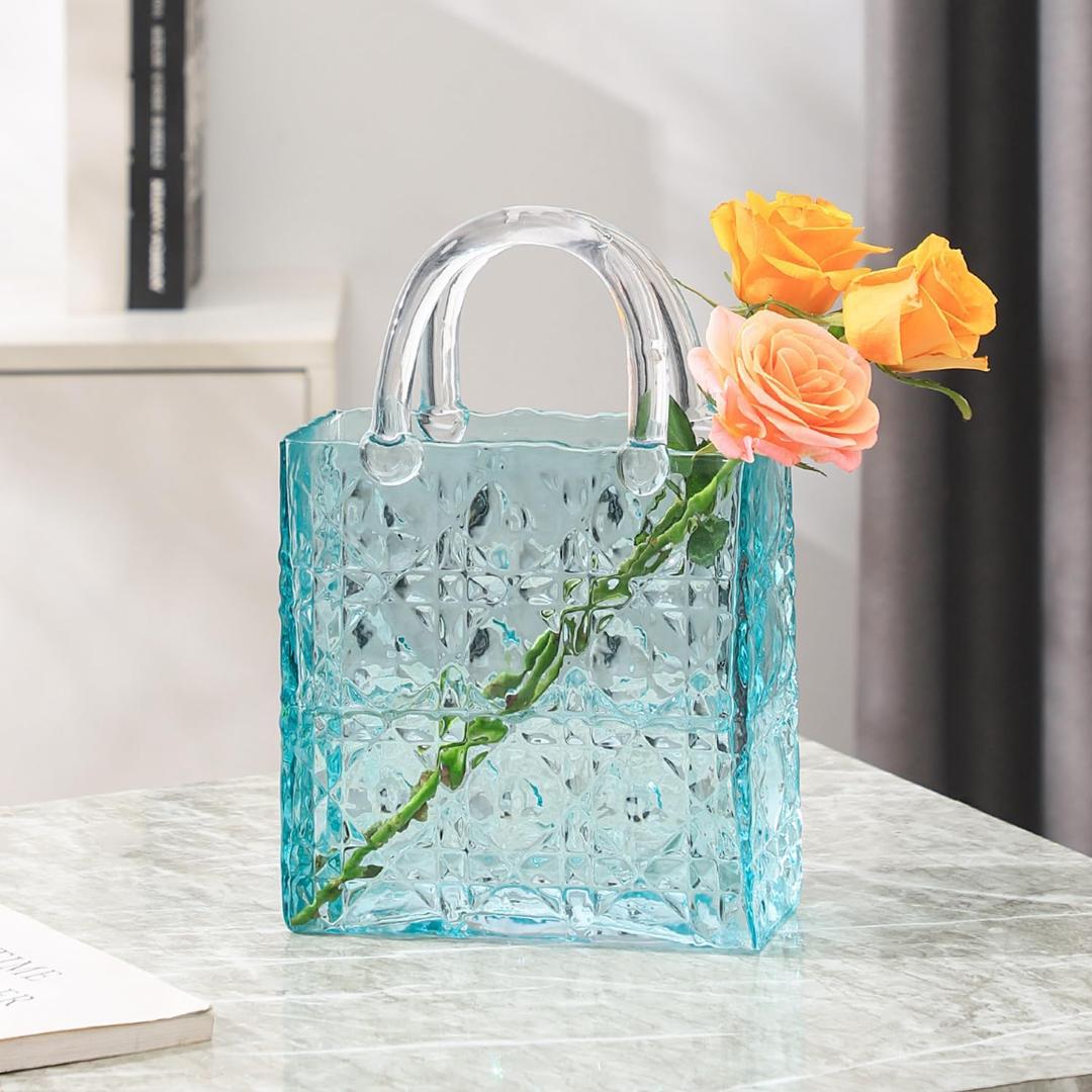 Purse Vase, Glass Bag Vase, Glass Purse Vase for Flowers, Blue Vases, 12 Inch Large Flower Vase with Embossed Pattern for Wedding, Living Room, Bedroom, Table, Office(Tote)