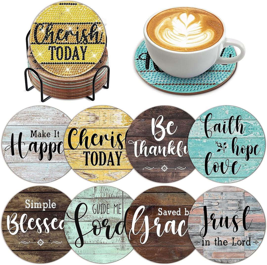 8 PCS Christian Bible Verse Diamond Art Coasters Diamond Art Coasters Kits with Holder Bible Verse DIY Farmhouse Coasters Christian for Beginners, Adults, Kids, Diamond Art Crafts Supplies