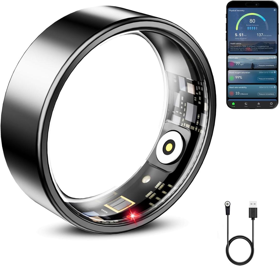 Mirlray Smart Ring for Women & Men, Smart Ring Health Tracker, Blood Oxygen & Heart Rate Monitor, Long Lasting Battery Sleep Ring, Waterproof Fitness Ring (Black, 8)