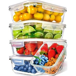 PrepNaturals 5 Pack 36 Oz Glass Meal Prep Containers - Dishwasher Microwave Freezer Oven Safe - Glass Storage Containers with Lids