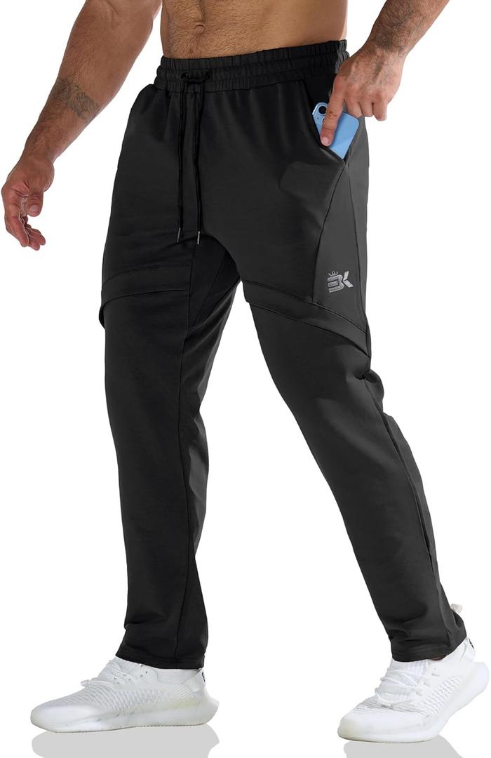 BROKIG Mens Inmesh Sweatpants Open Bottom, Cotton Athletic Workout Pants Drawstring Casual Gym Joggers with Pockets (Medium, Black)