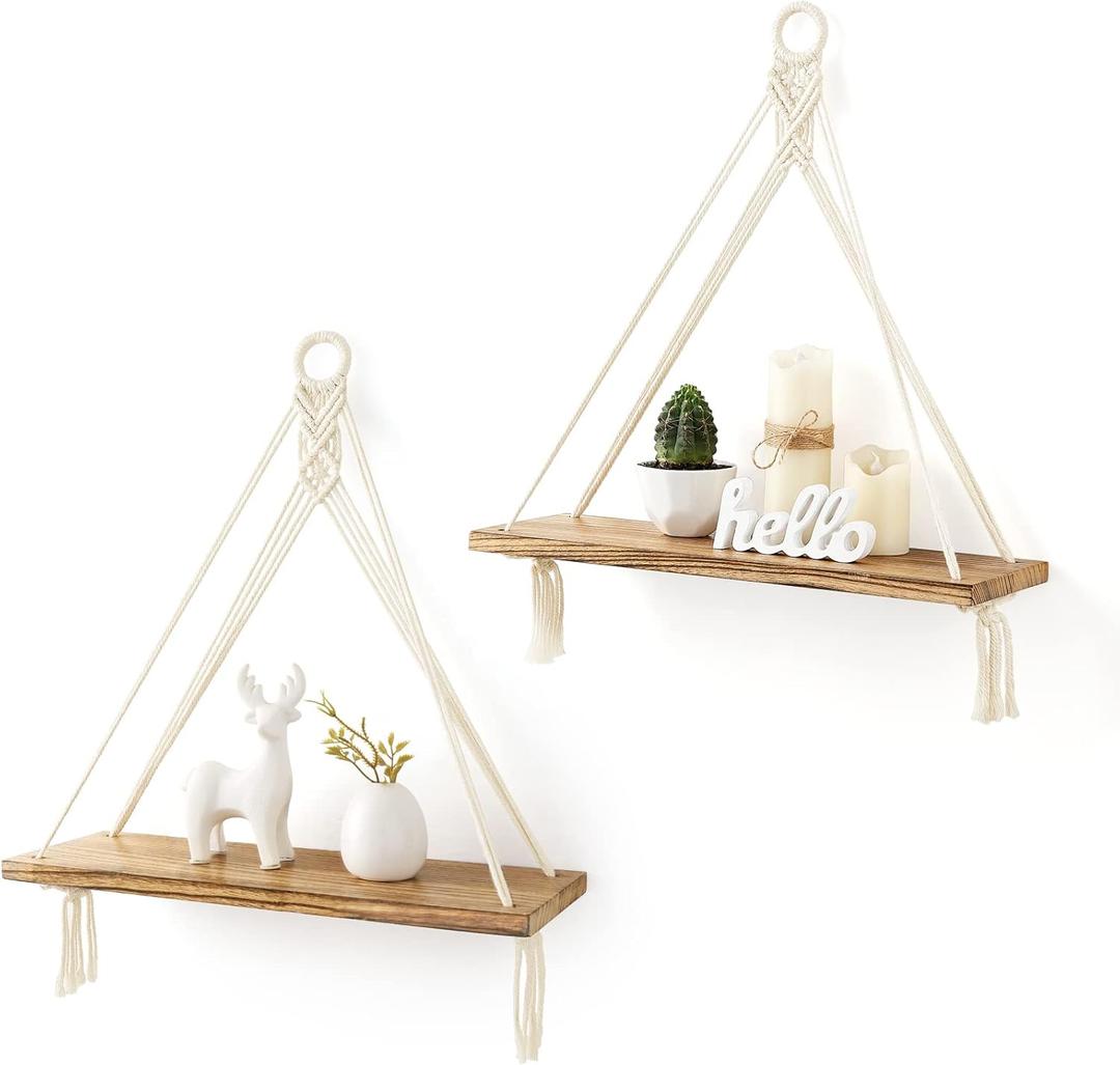 Mkono Macrame Hanging Shelves Boho Wall Decor Set of 2 Rustic Wood Floating Storage Shelf for Bedroom Bathroom Living Room Nursery Dorm Room, Display Shelving for Hanging Plants Photos (White)