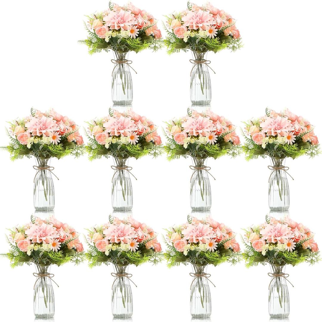 Reallnaive 30 Pack Artificial Flowers Table Centerpieces Decorations with Vase Wedding Mason Jar 20 Bundles Silk Floral Bouquet 10 Clear Vase with 1 Pcs Rope for Party Decor(Dahlia,Pink)