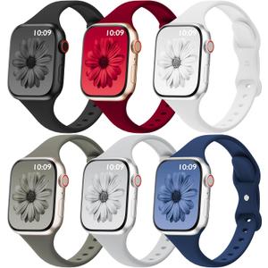 6 Pack Thin Bands Compatible with Apple Watch Band 42mm (Series 3) 44mm 45mm 46mm 49mm Women Men, Sport Silicone Strap Slim Wristband for iWatch