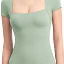 PUMIEY Women's Square Neck Short Sleeve Bodysuit T Shirts Tops For Women Trendy Smoke Cloud Pro Collection (Medium, Sage)