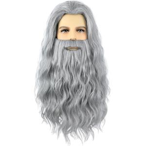 Grey Wizard Wig and Beard for Men Long Gray Beard Wig Set for Mens Halloween Costume Cosplay Party (Grey)