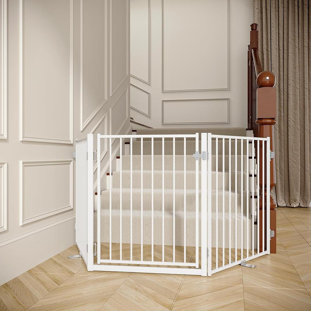 No Pawblems Free Standing Dog Gate with Door, 30'' Tall Foldable Dog Fence for Indoor & Outdoor, Up to 78 Inch Extra Wide Puppy Gate for Stairs, Hallways, Doorways, Deck, Yard (White, 3 Panels)