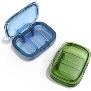 2 Pack 3 Compartment Small Pill Box, Moisture Proof Case, Travel Organizer for Pocket Purse, Daily Portable Medicine Vitamin Container, Fish Oil and Supplement Storage (Green + Blue)
