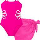 Girls Swimsuit Adjustable Straps Cut Out One Piece Bathing Suit with Solid Color Cover Up Skirt Girls' Swimwear 5-6Y