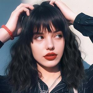 WERD Short Black Wig with Bangs Wavy Bob Black Wig for Women Synthetic Natural Looking Black Curly Wavy Hair for Daily Party Use