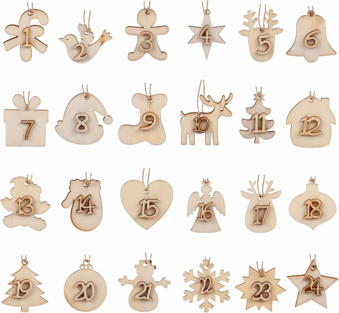 Naler 24Pcs Advent Calendar Number Tags, 24 Days Christmas Wooden Hanging Numbers Gift Tags Christmas Decoration Xmas Tree Hanging Ornaments Countdown Advent Calendar Number DIY Gift Tags