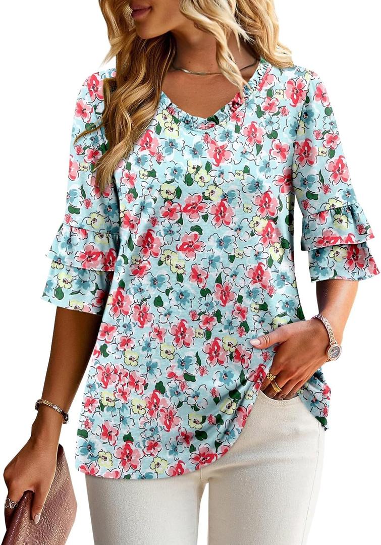 Angerella 3/4 Length Sleeve Womens Tops Dressy Casual Blouses Loose Fit Tunic Tops V Neck T Shirts Spring Summer Outfits (Medium)