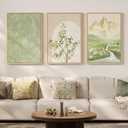 Framed Sage Green Landscape 3 Piece Wall Art for Living Room, Neutral Beige Mountain Botanical Print Canvas Artwork for Walls, Modern Nordic Rustic Nature Wall Decor for Bedroom Home Office, 16x24 In, 16" W x 24" H x 3Pcs