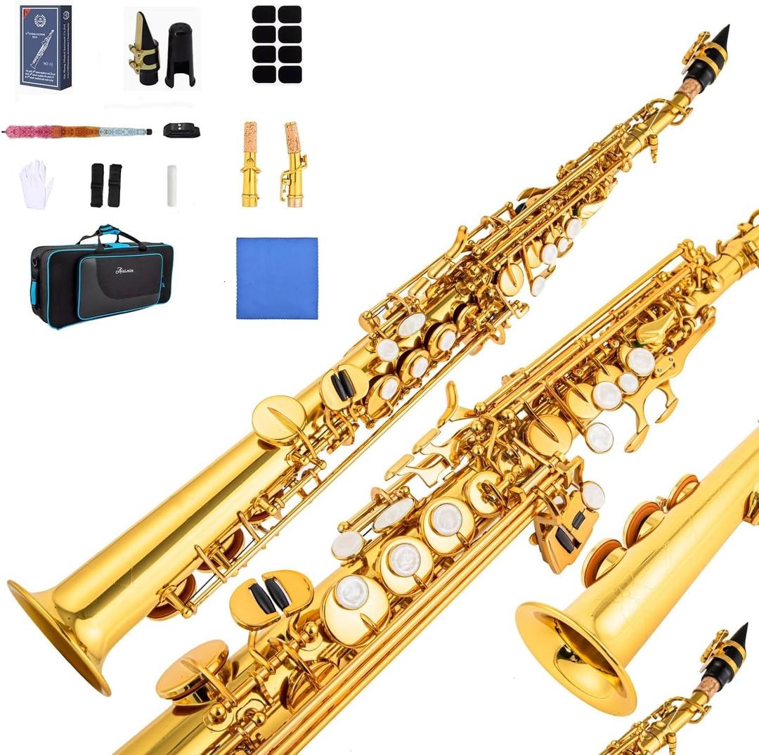 Soprano Saxophone SAX Bb Brass Lacquered Gold Body and Keys Woodwind instruments (gold)