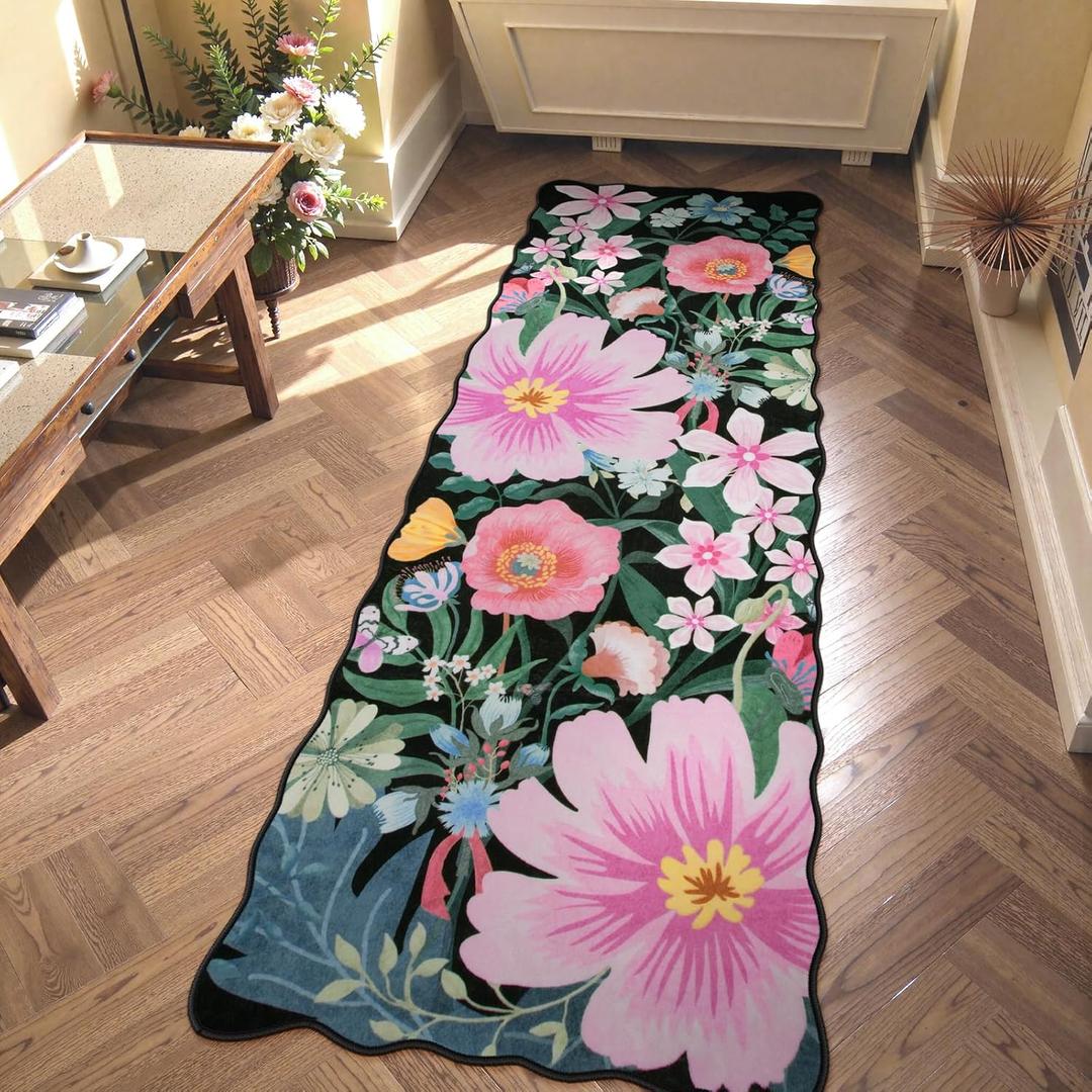2x6 Floral Boho Runner - Black Non-Slip Washable Rug, Scalloped Flower Carpet for Hallway Bathroom & Entryway