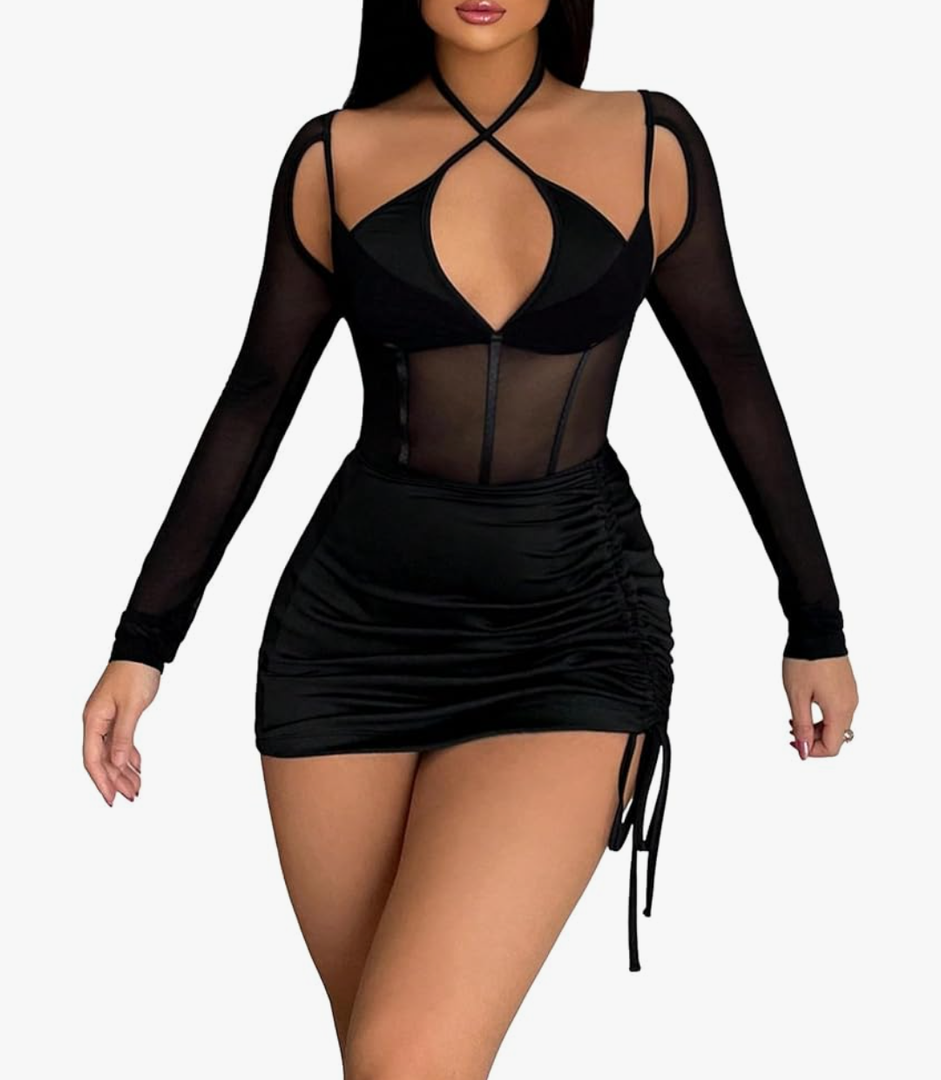 No Brand Women's Sexy 2 Piece Outfits Mesh Long Sleeve Sheer Halter Bodysuit and Mini Skirt Set, M
