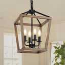 4 Light Farmhouse Chandelier, Rustic Ceiling Light Lantern Light Fixture with Wood Painted Metal Cage and Adjustable Chain, E12 Base Geometric Hanging Light Fixture for Entryway, Kitchen, Indoor (Brown)