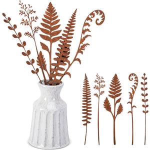 5 Pcs 14.2'' Longer Rusty Metal Flowers and Plants, Rustic Metal Fern Leaf Garden Stakes, Rusty Plant Shaped Decoration for Flower Arrangement Potted Plants Outdoor Lawn Yard Courtyard Art