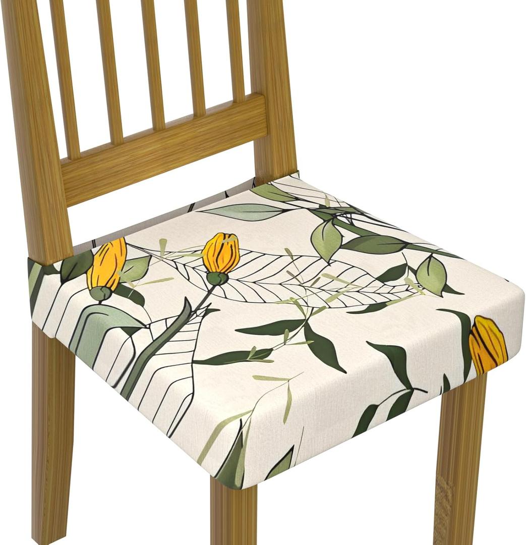 Stretch Dining Chair Seat Covers Set of 4,Dining Chair Slipcovers, Floral Printed Chair Covers,Soft Fabric Washable Upholstered Chair Seat Protector, No Rear Covers for Home Kitchen Dining Room (Yellow Flower Bud Patterns)