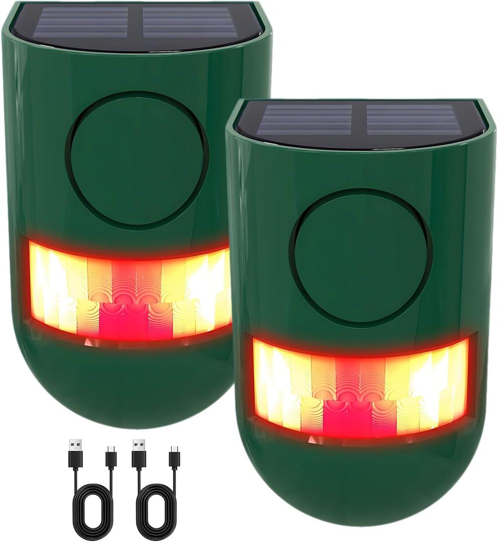 ChunHee Solar Motion Sensor Alarm Outdoor 4 Working Mode Motion Activated Alarm 129dB Loud Sound Noise Maker IP65 Waterproof Motion Detector with Strobe Light for Yard Farm Garden 2PC (Green-2pack)