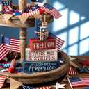 CroBlissful 4 Pcs 4th of July Decorations Patriotic Memorial Day Tabletop Decorations Red White Blue Table Centerpieces Sign for Office Tiered Tray Home Shelf 250th Anniversary(Freedom)