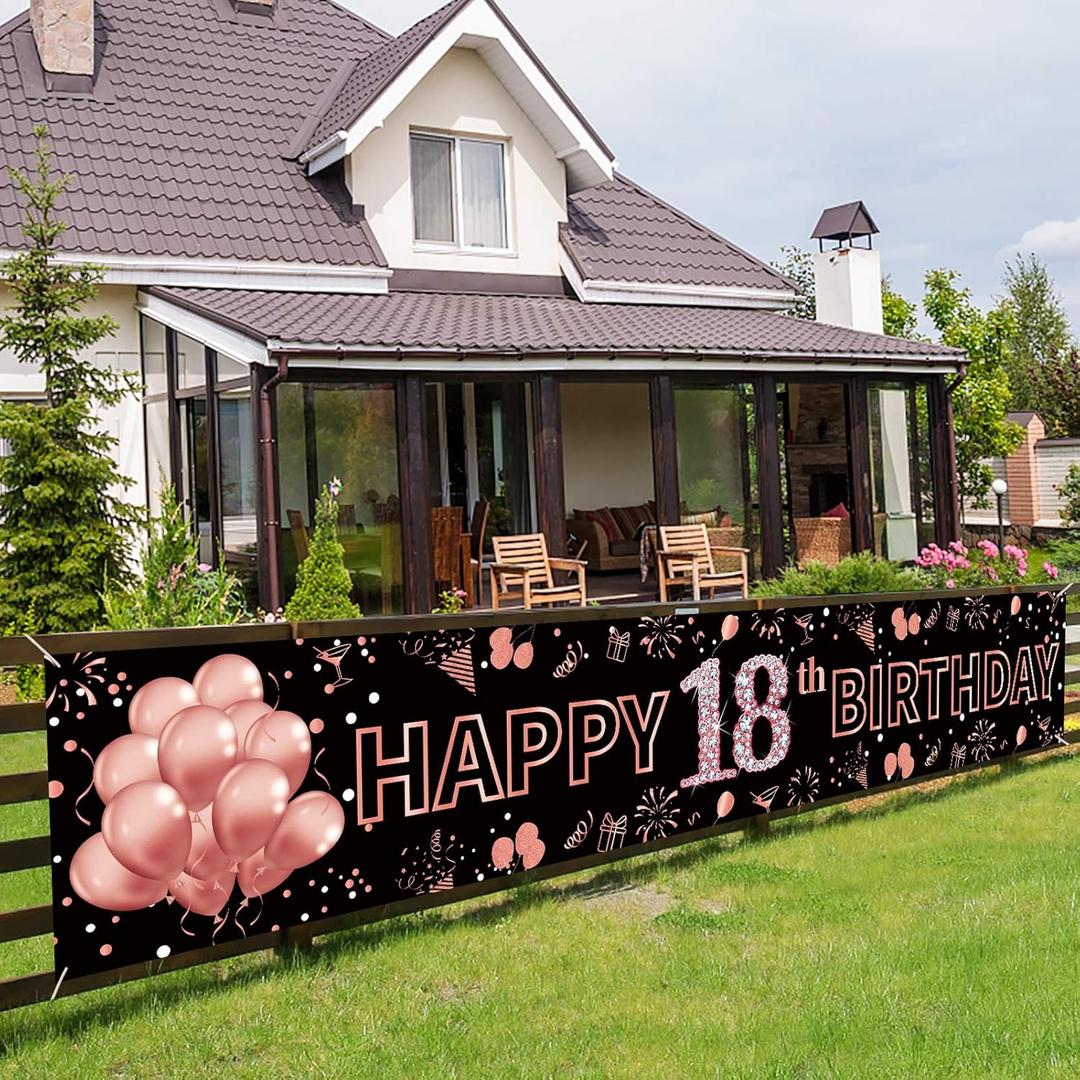 Pimvimcim 18th Birthday Decorations for Girls, Happy 18th Birthday Banner Rose Gold and Black 18 Year Old Birthday Decorations Party Supplies (9.8x1.6ft)