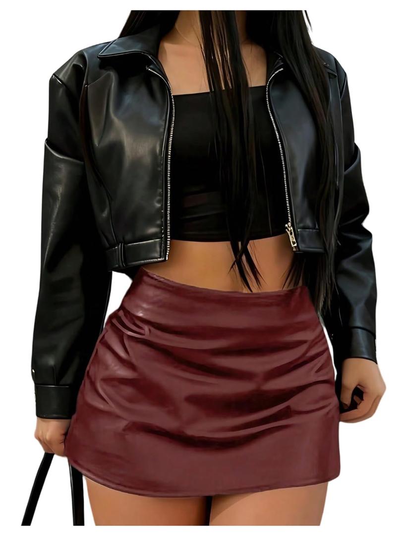RoseSeek Women's PU Leather Skirt High Waisted Ruched Bodycon Mini Skirt Y2k Party Skirts Burgundy Large (L)