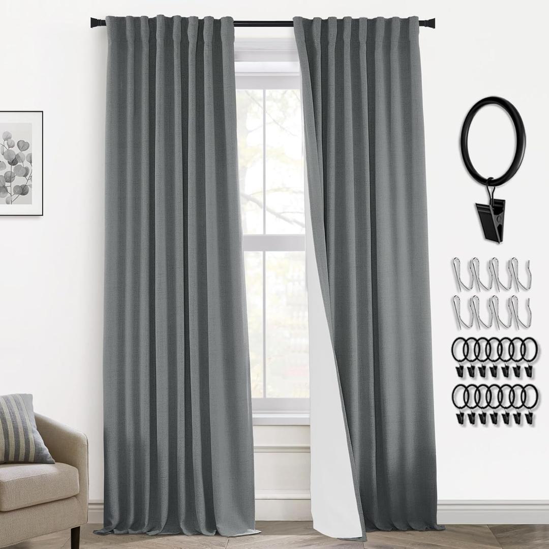 Dark Grey Blackout Curtains for Bedroom,Back Tab Hooks Pleated Linen Room Darkening Thermal Insulated Black Out Long Charcoal Gray Curtain Drapes for Living Room Window,84 Inch Length 2 Panels Set (52"W x 84"L (Pack of 2))