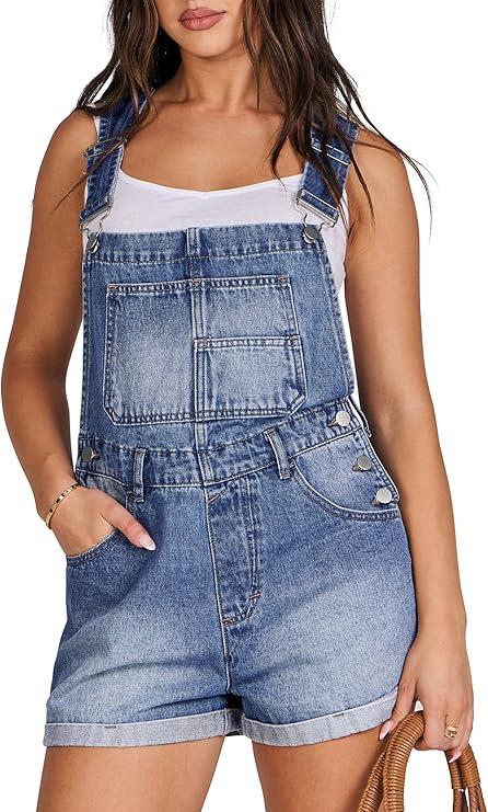 ANRABESS Overalls for Women Denim Shorts Overalls 2025 Summer Casual Loose Fit Adjustable Rompers Jean jumpsuit Bib Shortalls Washed Deep Blue Large