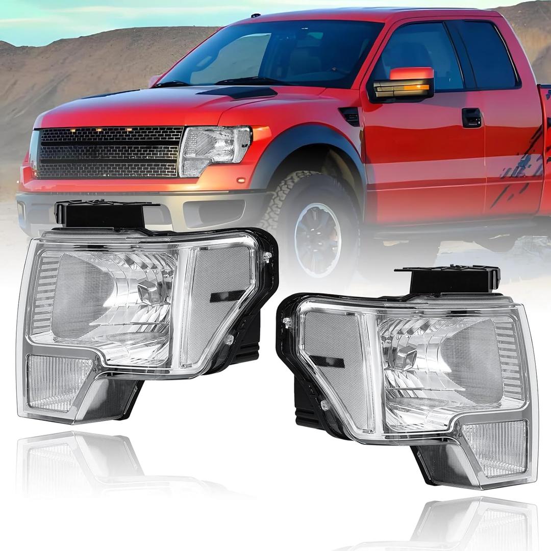 for Pickup 2009-2014 Ford F150 2009-2014 Headlights Assembly Compatible with F-150 2010 2011 2012 2013 Clear Reflector Chrome Housing