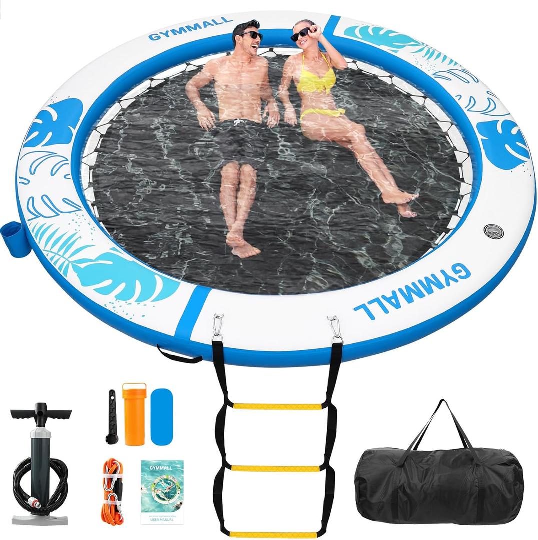 Inflatable Water Hammock Floating Dock 8 FT with Mesh, Tanning Pool Float Round Ring for Adults, Sunchill Mat Raft Platform for Lake and Beach with Water Ladder and Cup Holder (Blue White)