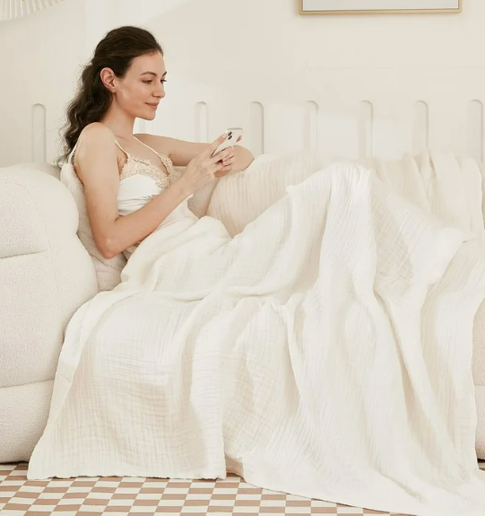 EMME Cotton Blanket Queen Size for Bed Soft Large Muslin Bed Bedspread 90"x90" Lightweight Breathable White Blanket All Season Gauze, White