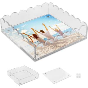 Scalloped Acrylic Tray with Magnetic Mat,Clear Acrylic Photo Display Tray,Pull Out Insert Design Jewelry Organizer,Modern Desk Décor for Home Decor, Office