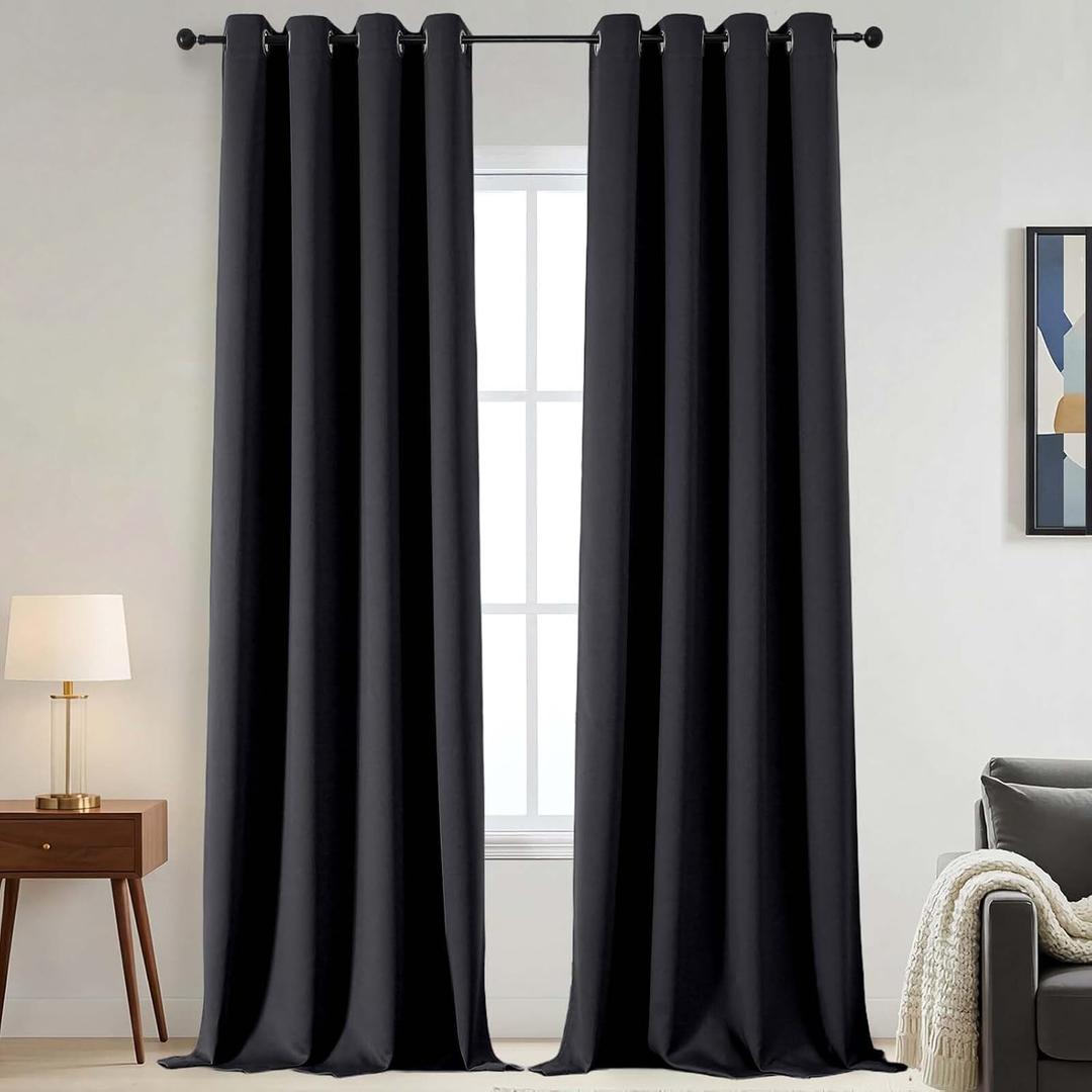 100% Blackout Curtains - Solid Grommet Thermal Blackout Curtains for Bedroom Living Room Sliding Door, Privacy Window Drapes, Black, 2 Panels, 2x52Wx108L Inches