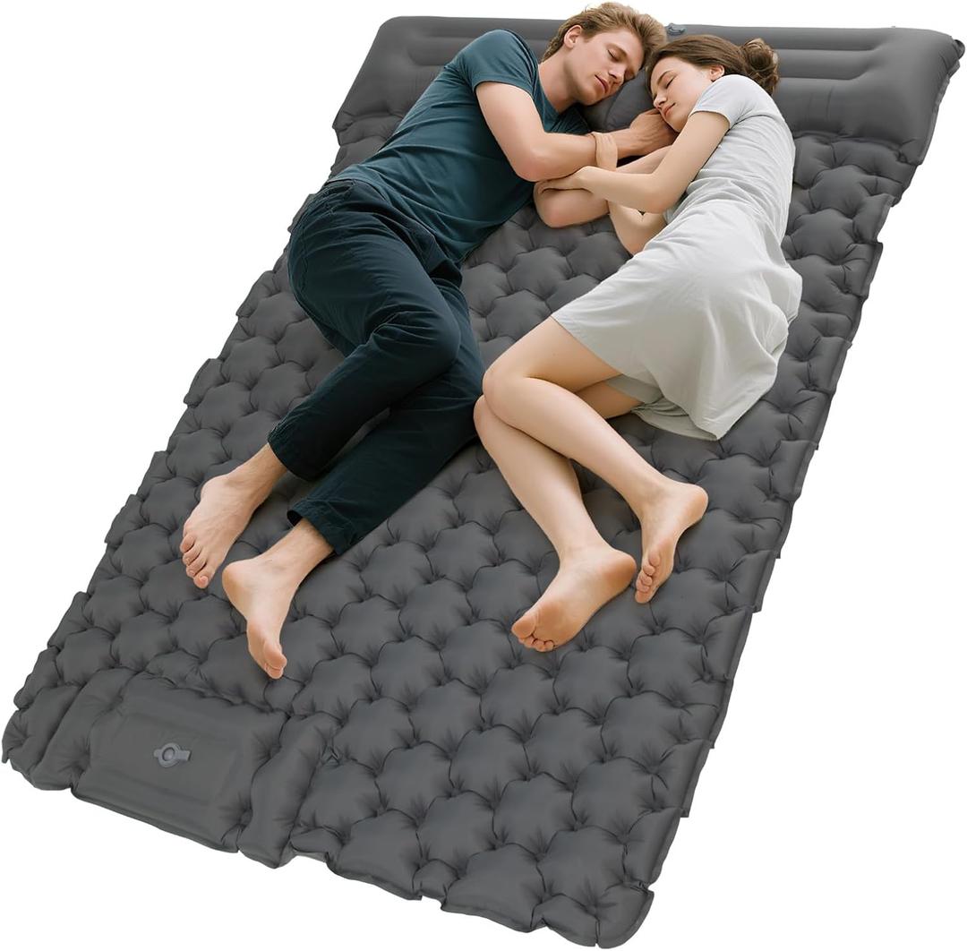 KingCamp Sleeping Pad for Camping, Ultralight Connectable Inflatable Sleeping Pad Camping Mattress with 6.3" Built-in Pillow & Foot Pump for Backpacking Hiking Tent Cot, Double Grey 